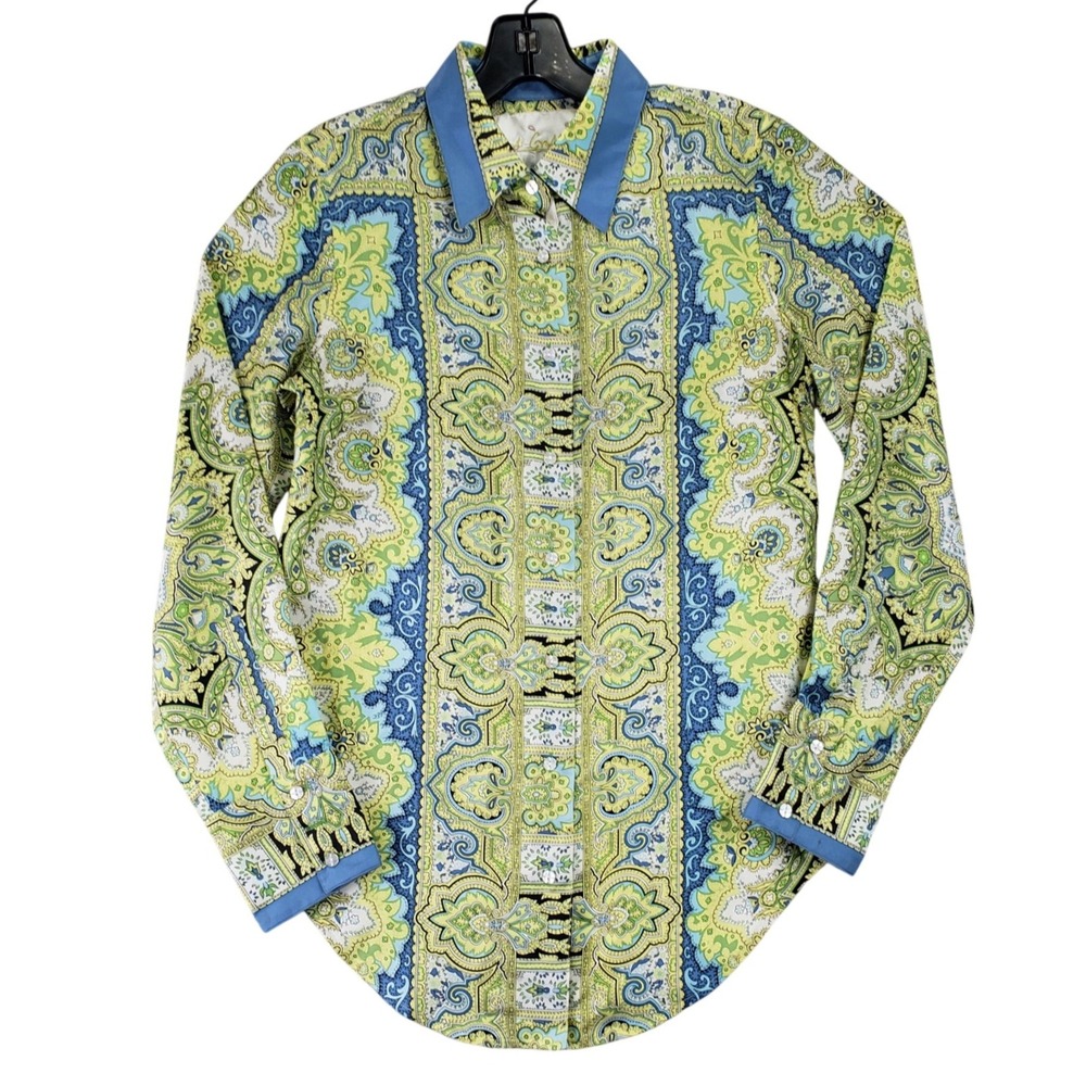 Robert Graham Silk Button Down Shirt Mens S Green Blue Paisley Maximalist Luxury